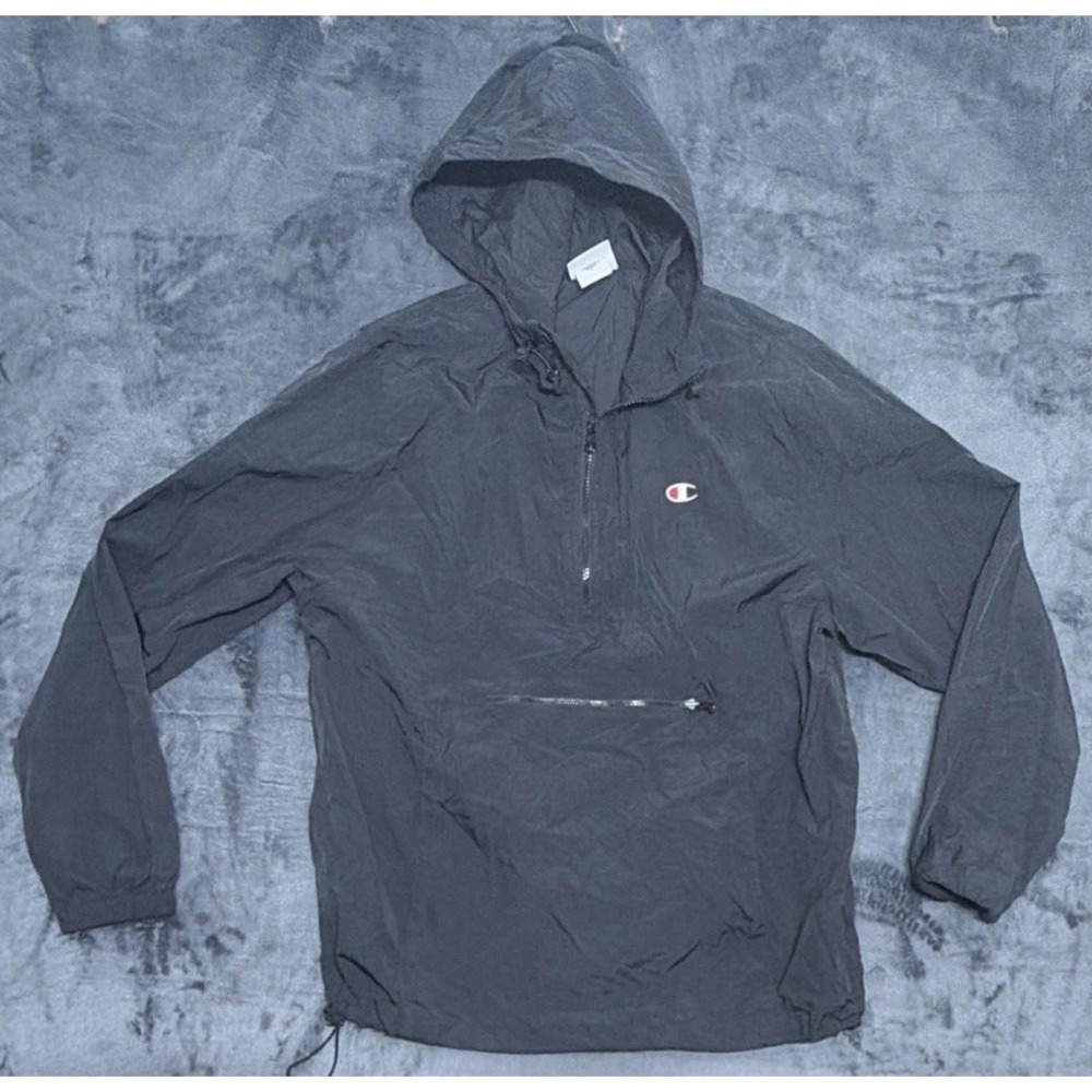 Champion Quarter Zip Anorak Windbreaker Jacket w/Hood. Black Sz. Med